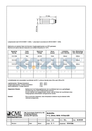 15141351 datasheet - MultiLEDs T11/2 (5mm) BA5s 6-Chip-LED