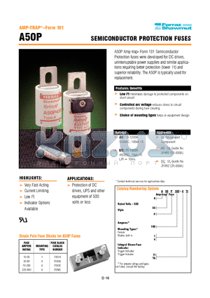 A50P200-4 datasheet - SEMICONDUCTOR PROTECTION FUSES