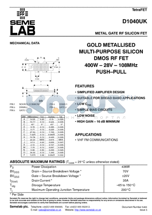 D1040UK datasheet - METAL GATE RF SILICON FET