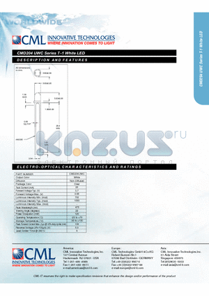 CMD204UWC datasheet - T -1 White LED