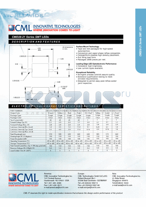 CMD28-21SRC/TR8 datasheet - SMT LEDs Tape and reel packaged for high-speed autoinsertion.