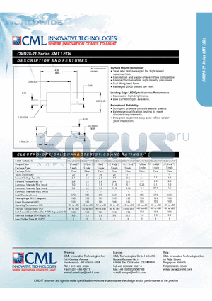 CMD28-21SRC/TR8/T1 datasheet - SMT LEDs Tape and reel packaged for high-speed autoinsertion.