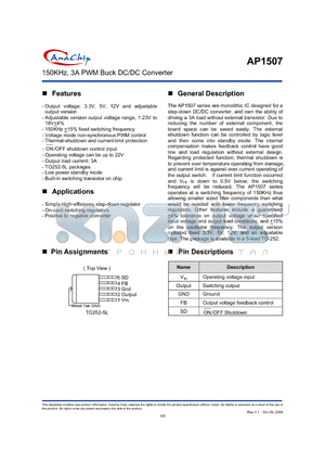 AP1507-12D5L datasheet - 150KHz, 3A PWM Buck DC/DC Converter