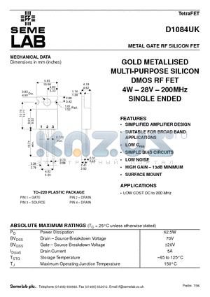 D1084UK datasheet - METAL GATE RF SILICON FET