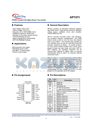 AP1511 datasheet - PWM Control 5A Step-Down Converter