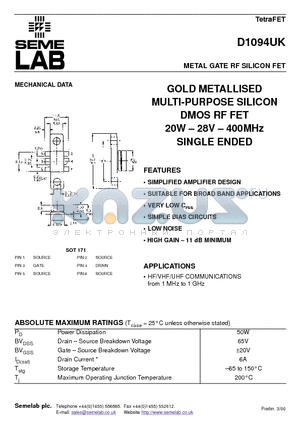 D1094UK datasheet - METAL GATE RF SILICON FET