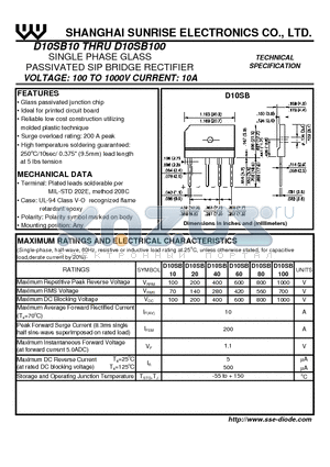 D10SB100 datasheet - SINGLE PHASE GLASS PASSIVATED SIP BRIDGE RECTIFIER