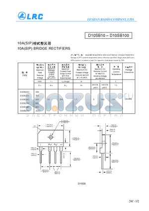 D10SB100 datasheet - 10A(SIP) BRIDGE RECTIFIERS