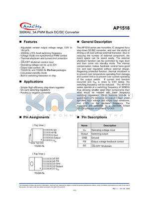 AP1518T5A datasheet - 300KHz, 3A PWM Buck DC/DC Converter