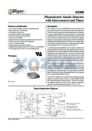 A5366CLWTR-T datasheet - The A5366 is a low-current BiCMOS circuit providing all of the required features for a photoelectric type smoke detector.