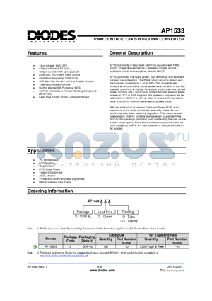 AP1533SG-13 datasheet - PWM CONTROL 1.8A STEP-DOWN CONVERTER