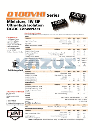 D113VHI datasheet - Miniature, 1W SIP Ultra-High Isolation DC/DC Converters