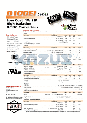 D117EI datasheet - Low Cost, 1W SIP High Isolation DC/DC Converters