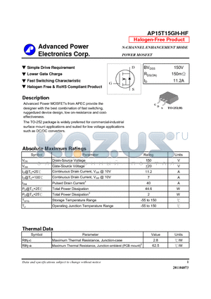 AP15T15GH-HF datasheet - N-CHANNEL ENHANCEMENT MODE POWER MOSFET