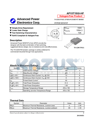 AP15T15GI-HF datasheet - N-CHANNEL ENHANCEMENT MODE POWER MOSFET