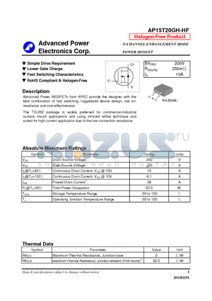 AP15T20GH-HF datasheet - N-CHANNEL ENHANCEMENT MODE POWER MOSFET