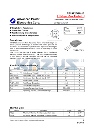 AP15T20GI-HF datasheet - N-CHANNEL ENHANCEMENT MODE POWER MOSFET