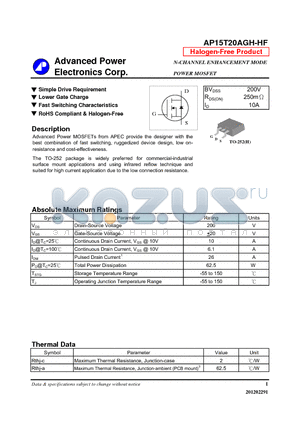 AP15T20AGH-HF datasheet - Simple Drive Requirement, Lower Gate Charge, Fast Switching Characteristics