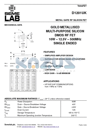 D1201UK datasheet - METAL GATE RF SILICON FET