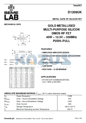 D1208UK datasheet - METAL GATE RF SILICON FET