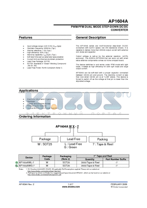 AP1604AWL-7 datasheet - PWM/PFM DUAL MODE STEP-DOWN DC/DC