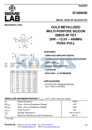 D1209UK datasheet - METAL GATE RF SILICON FET