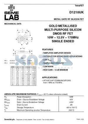 D1210 datasheet - METAL GATE RF SILICON FET