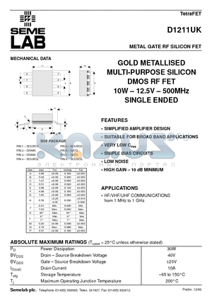 D1211UK datasheet - METAL GATE RF SILICON FET