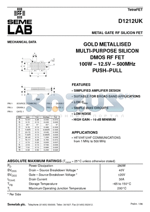 D1212UK datasheet - METAL GATE RF SILICON FET