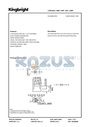 AP1608SRCPRV datasheet - 1.6X0.8mm SMD CHIP LED LAMP