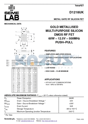 D1218UK datasheet - METAL GATE RF SILICON FET
