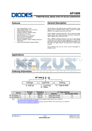 AP1609SG-13 datasheet - PWM/PFM DUAL MODE STEP-UP DC/DC CONVERTER