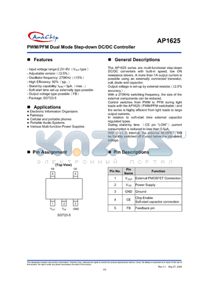 AP1625 datasheet - PWM/PFM Dual Mode Step-down DC/DC Controller