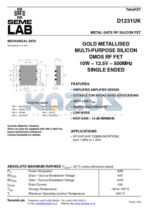 D1231UK datasheet - METAL GATE RF SILICON FET