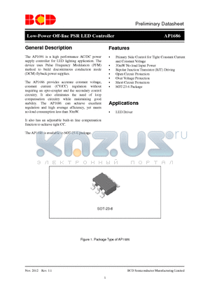 AP1686 datasheet - Low-Power Off-line PSR LED Controller Short Circuit Protection