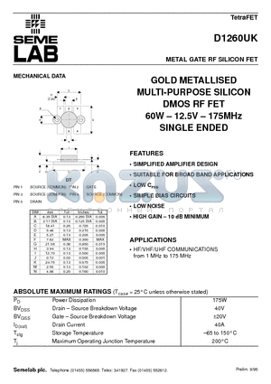 D1260UK datasheet - METAL GATE RF SILICON FET