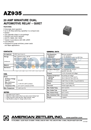 AZ935 datasheet - 20 AMP MINIATURE DUAL AUTOMOTIVE RELAY - QUIET
