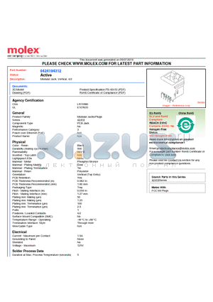 42410-4312 datasheet - Modular Jack, Vertical, 4/2