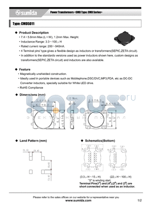 CMD5D11NP-100MC datasheet - Power Transformers <SMD Type: CMD Series>
