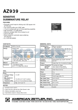 AZ939 datasheet - SENSITIVE SUBMINIATURE RELAY