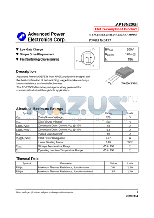 AP18N20GI datasheet - N-CHANNEL ENHANCEMENT MODE POWER MOSFET