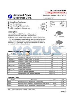 AP18N20GJ-HF datasheet - N-CHANNEL ENHANCEMENT MODE POWER MOSFET