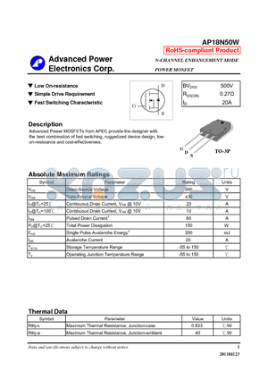 AP18N50W datasheet - N-CHANNEL ENHANCEMENT MODE POWER MOSFET