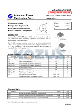 AP18P10AGHJ-HF datasheet - N-CHANNEL ENHANCEMENT MODE POWER MOSFET