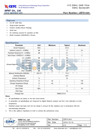 D13E datasheet - 412.5MHz SAW Filter 5MHz Bandwidth