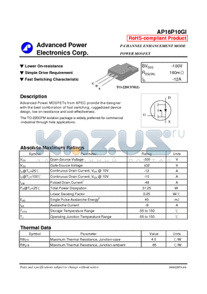 AP18P10GI datasheet - N-CHANNEL ENHANCEMENT MODE POWER MOSFET