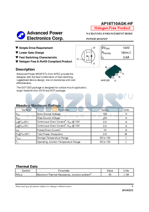 AP18T10AGK-HF datasheet - N-CHANNEL ENHANCEMENT MODE POWER MOSFET