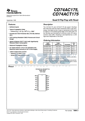 CD74AC175M datasheet - Quad D Flip-Flop with Reset