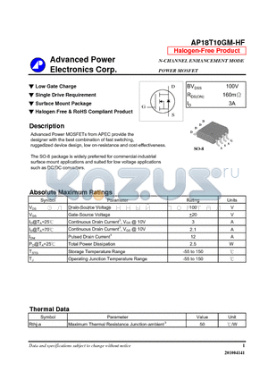 AP18T10GM-HF datasheet - N-CHANNEL ENHANCEMENT MODE POWER MOSFET