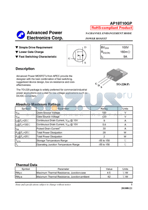 AP18T10GP datasheet - N-CHANNEL ENHANCEMENT MODE POWER MOSFET